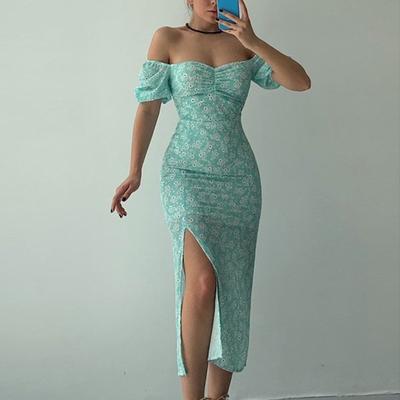 Frauen Kleid Hohe Taille Off Schulter Low Cut Sommer Sexy Floral Print Bodycon A-linie Maxi Kleid für Dame