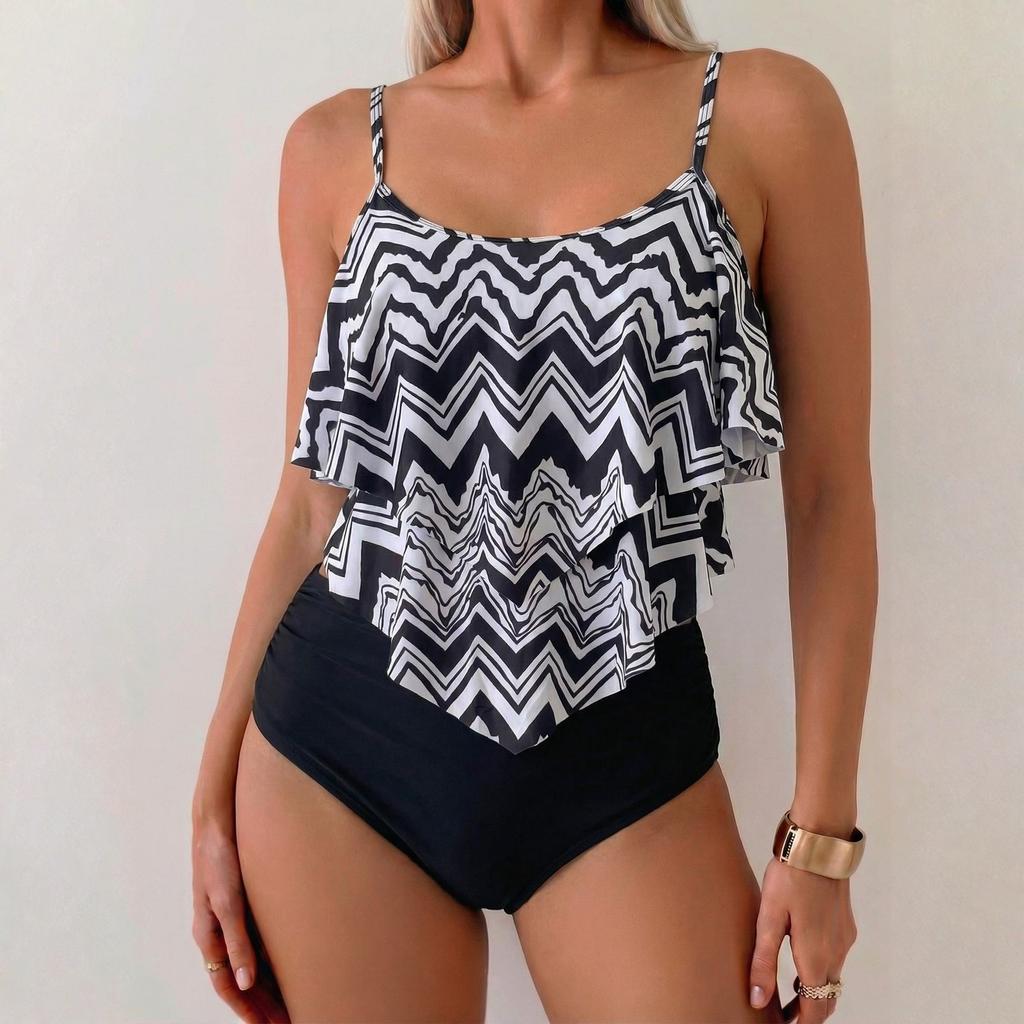 Women’s Two Piece Swimsuit Ruffle Tankini Top with Adjustable Straps and High Waist Floral Printed Bottoms