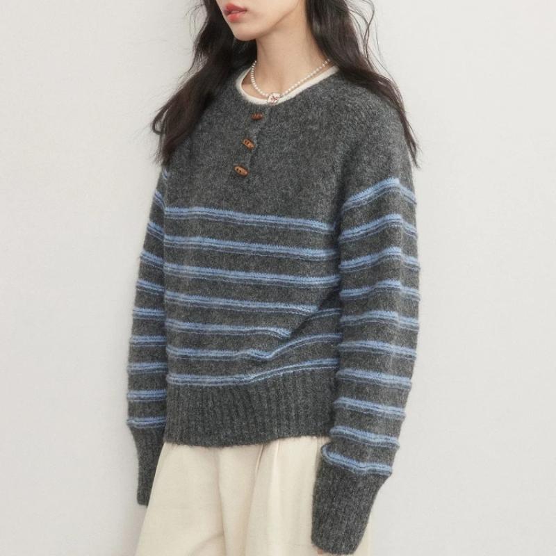 2025 Korean Fashion O Neck Color Blocked Knitted Sweater Women s Autumn Winter Striped Casual Long Sleeves Pullovers One Size 3166₽