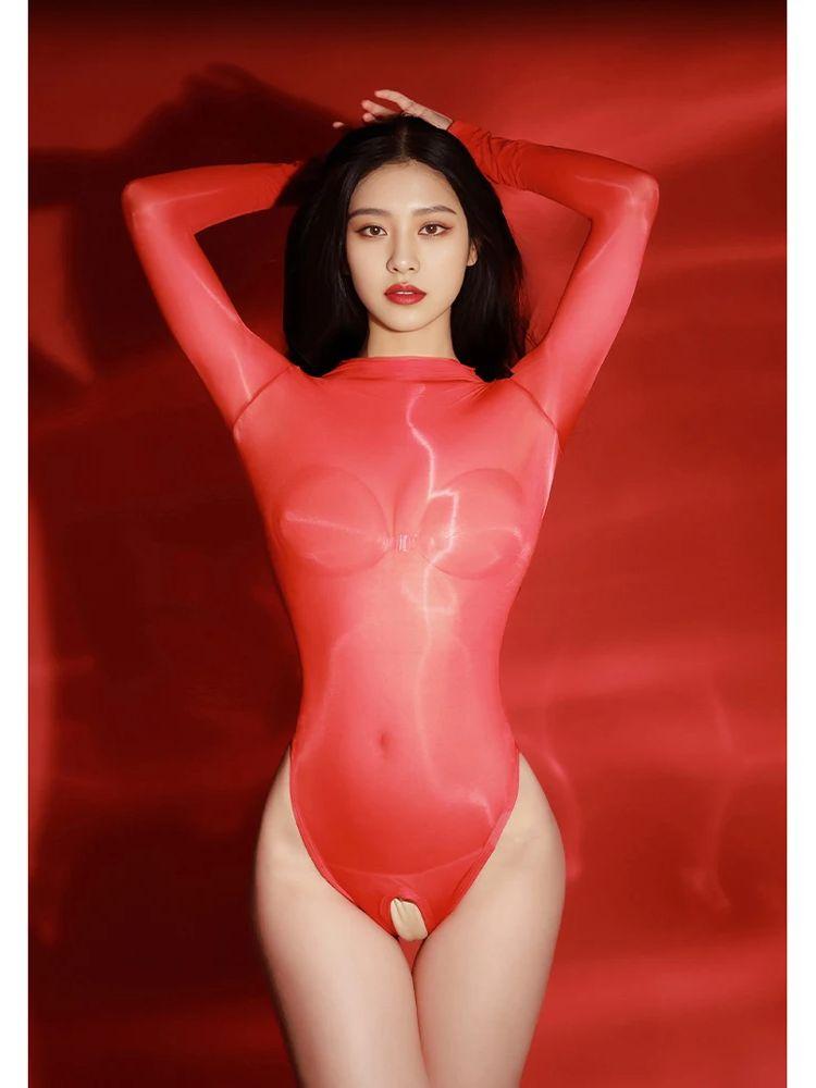 Glossy Shiny Seamless Bust Bodystocking Close Open Crotch Bodysuit Nylon Transparent Swimsuit Tights Sexy Body Teddies Clubwear
