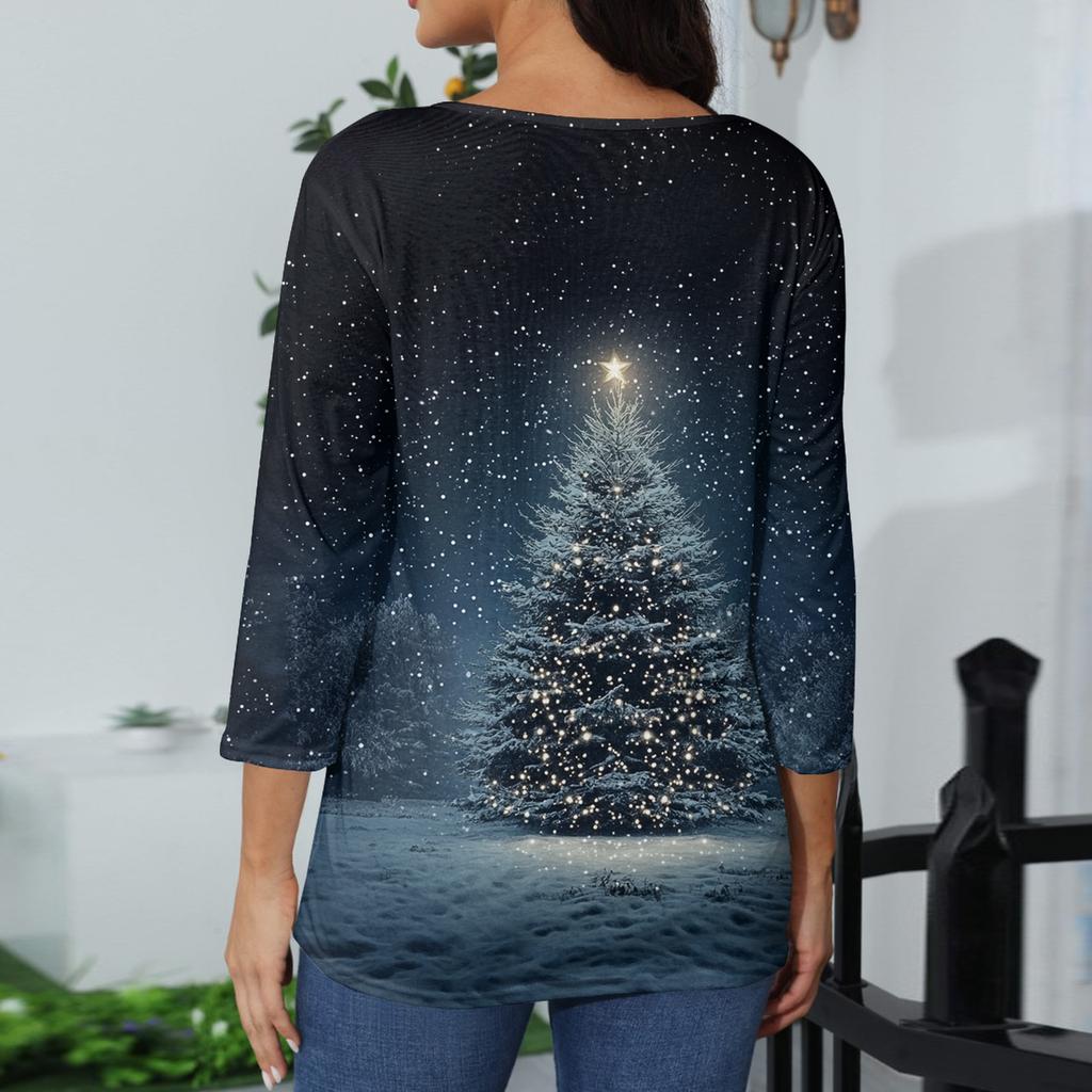 Women's Casual Fashionable Sexy Comfortable V-Neck Christmas Three-Quarter Sleeve Top