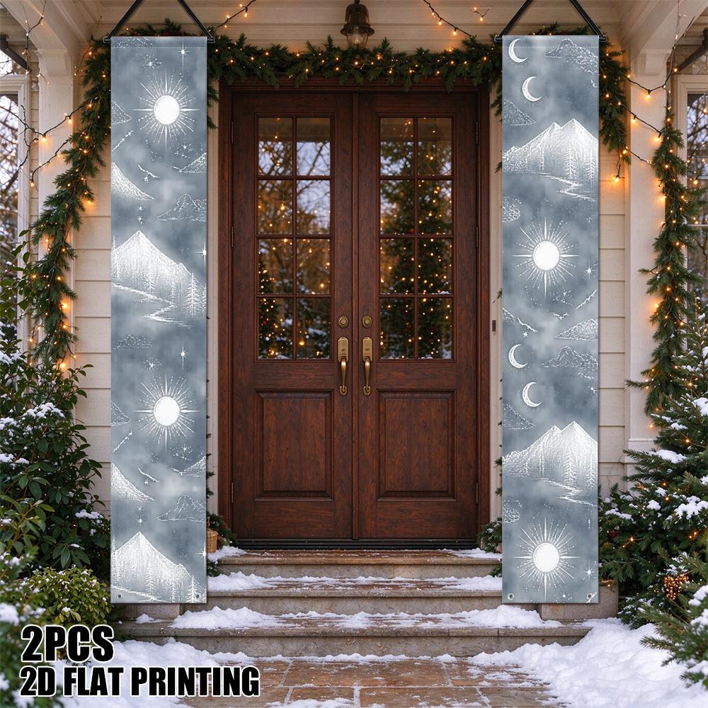 2D Flat, 2D Flat Printing 2pcs Night Sky Mountains Suns Ornate Christmas-Themed Couplets, Suitable for Welcoming Pirate Birthdays, Outdoor And Courtya