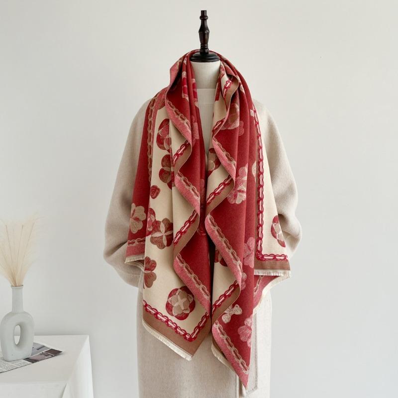 Elegant Camellia Double Sided Printed Warm Imitation Cashmere Scarf For Women