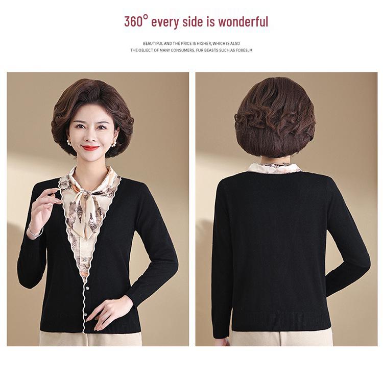 Stylish Spring/Autumn Knit Sweater: Faux Two-Piece Design for Middle-Aged Women