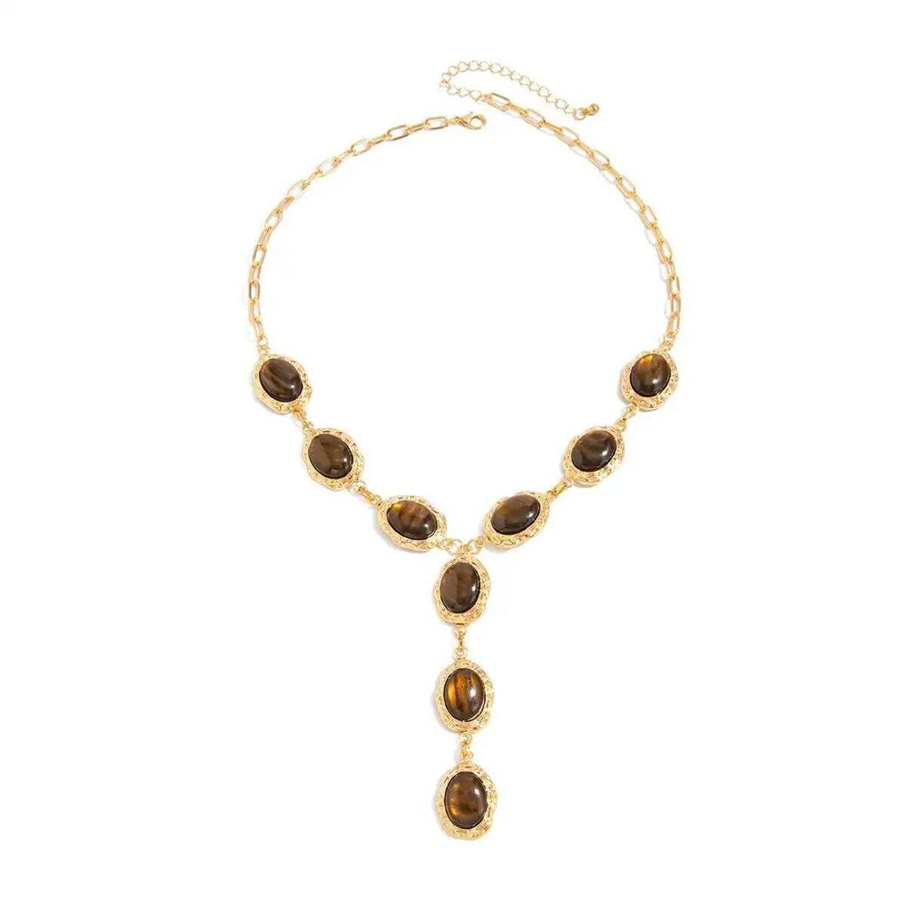 IngeSight.Z Retro Ethnic Brown Tiger Eye Stone Resin Pendant Necklace Women Trendy Yshaped Sweater Chain Party Jewelry Accessory
