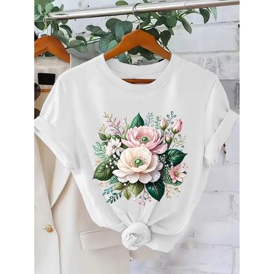 Regalo di San Valentino: T-shirt casual da donna a maniche corte con scollo a giro e stampa floreale romantica