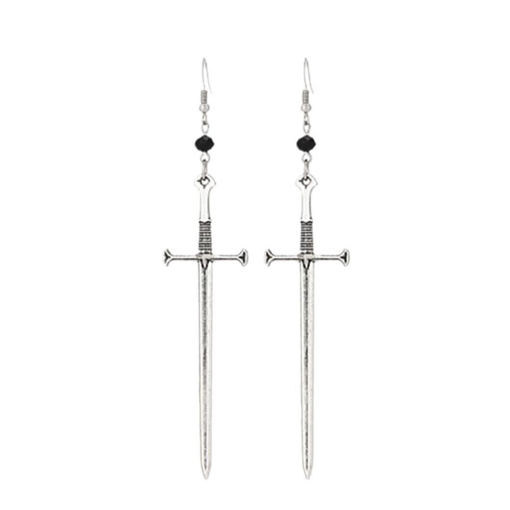 Punk Personality Black Multi-faceted Round Beads Silver Color Long Sword Cross Dangle Earrings for Women Men Gothic Jewelry Gift