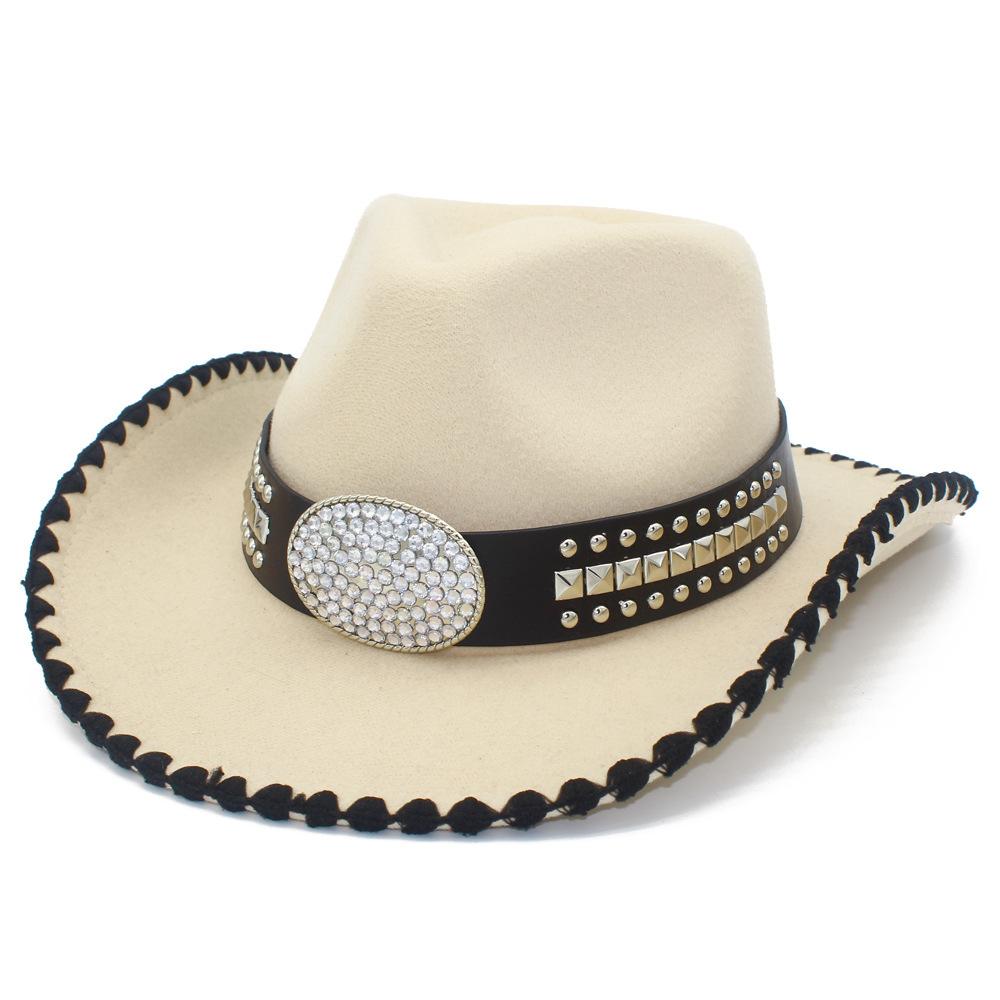 Fashion Contrast Color Personality Design Western Cowboy Hat Rivet Rhinestone Decoration Stage Suction Jazz Hat Versatile Top Hat