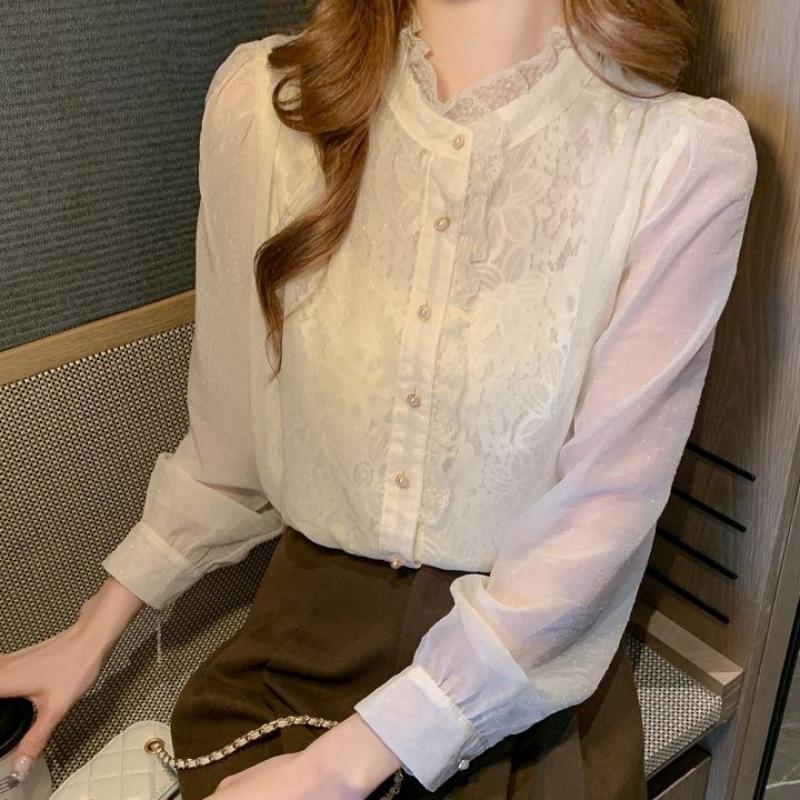 French Sweet Fringed Chiffon Shirt for Women, Loose and Elegant, Long-sleeved Top As A Base Layer for Autumn and Winter