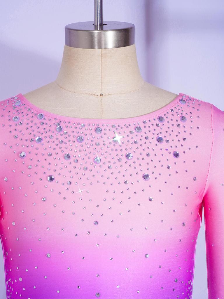 Kinder U-Rücken Langarm Glitzer-Leotard mit Farbverlauf und Rüschen-Schößchen für Rhythmische Gymnastik Tanzwettbewerb Bühne