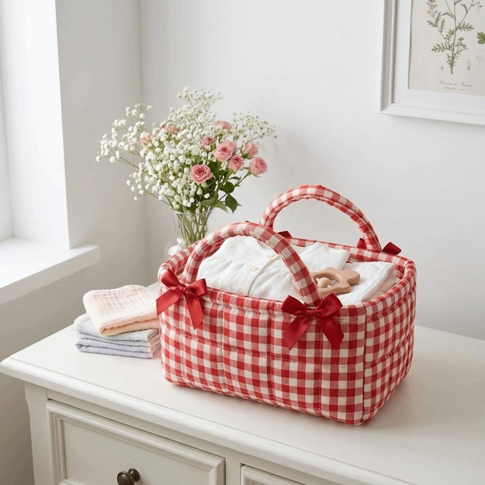 Quilted Craft Picnic Bag Plaid Design Storage Basket French Style Fabric Organizer Bedroom Use