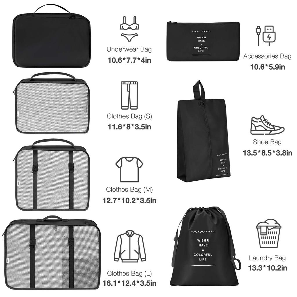 7pcs Cubes for Suitcases,Packing Cubes with Shoe Cosmetics Clothing Accessories Bags Packing Cubes for Travel Luggage Organizer