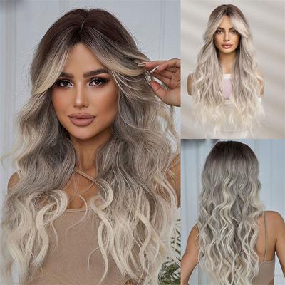 Cover Wig Female Eight-Word Bangs Big Wave Full Head Gray Long Black Gradient Curly Hair