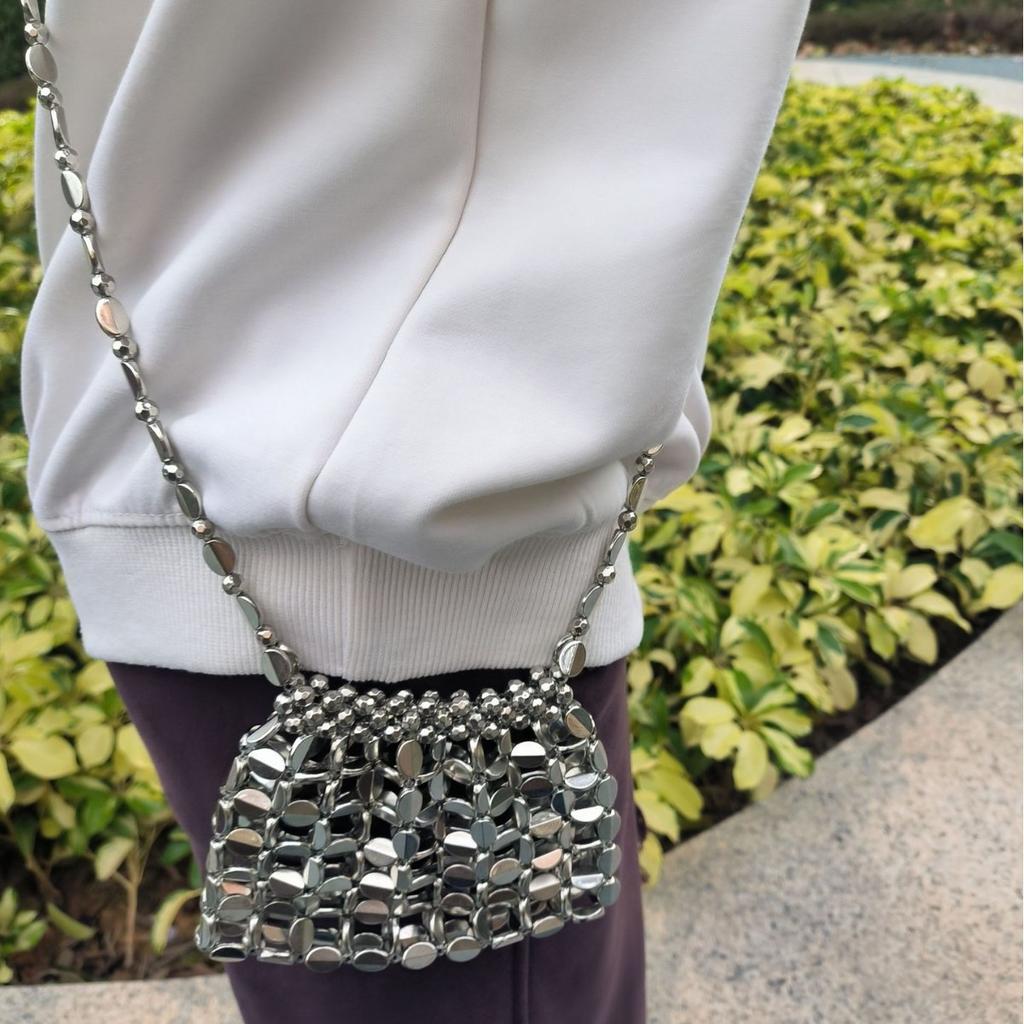 Women's Metallic Sequin Dumpling Bag, Handmade Beaded Woven Acrylic Crossbody Bag, Retro Shiny Shoulder Bag Phone Bag