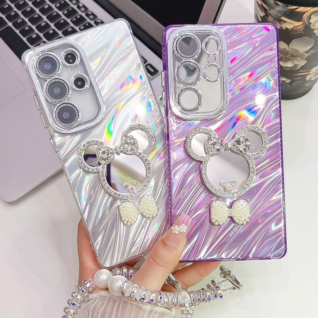 Advanced Wrinkles Suitable for Samsung S25ultra Bracelet Mobile Phone Case S24 Cartoon Mirror A56 Flash Powder Lens Film