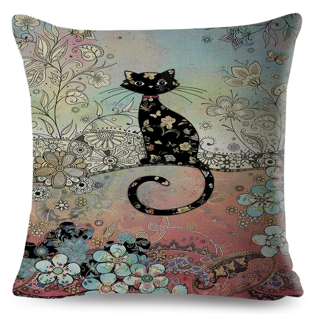 Cute Elegant Black Cat Cushion Cover Double Print Decor Cartoon Animal Pillow Case for Sofa Home Car Linen Throw Pillowcase