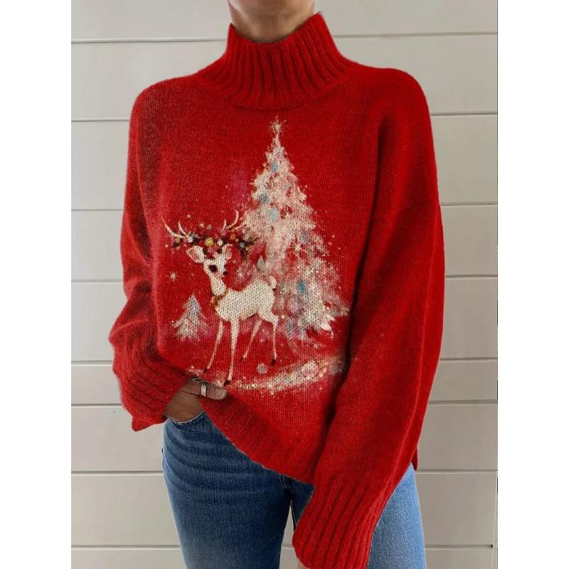 Womens Christmas Print High Neck Sweater Loose Fit Casual Long Sleeve Top