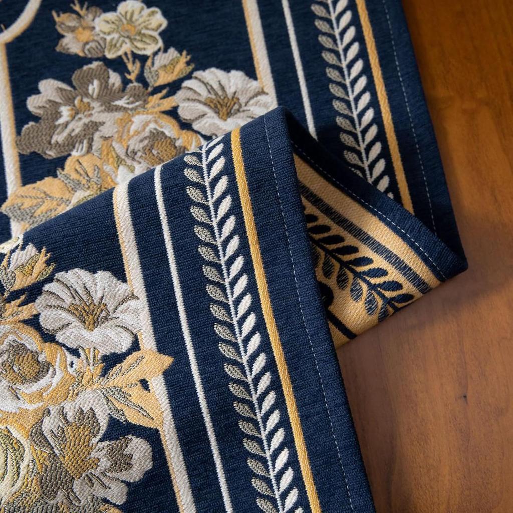 Embroidery Luxury Table Runner, Long Blue Dining Table Runner, Elegant Jacquard Dresser Scarf with Multi-Tassels for Dining Room Party Banquet Table
