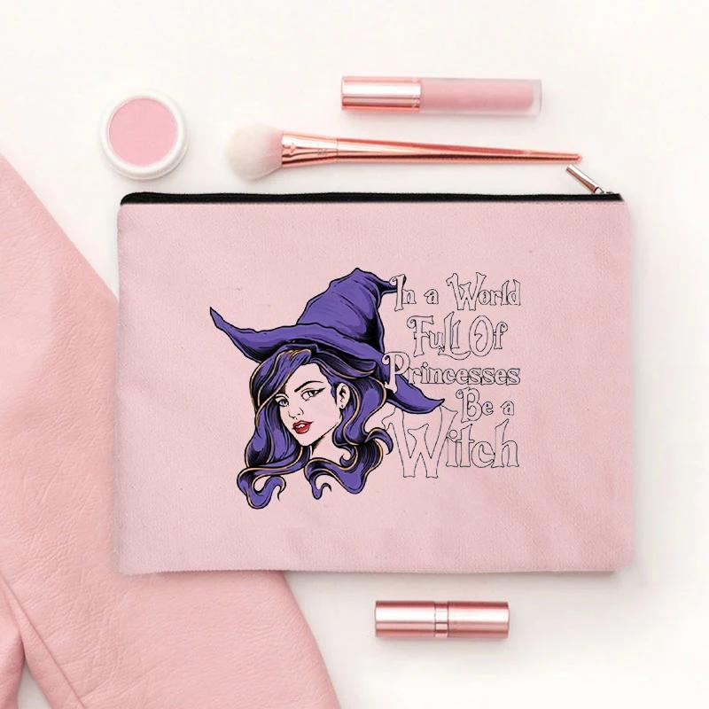 Witch Print Canvas Zipper Makeup Bag Witchcraft Women Travel Lipstick Bag Skincare Storage Organizer Pencil Case Cosmetics Bags
