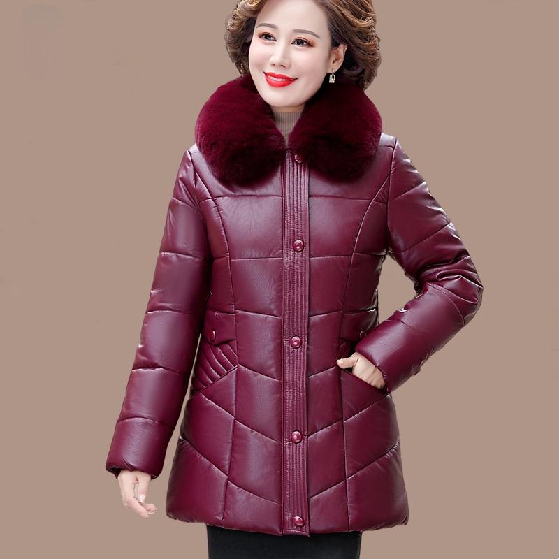 Women's PU Leather Cotton Jacket Thick Warm Windproof Leather Jacket Loose Padded Jacket with Fur Collar