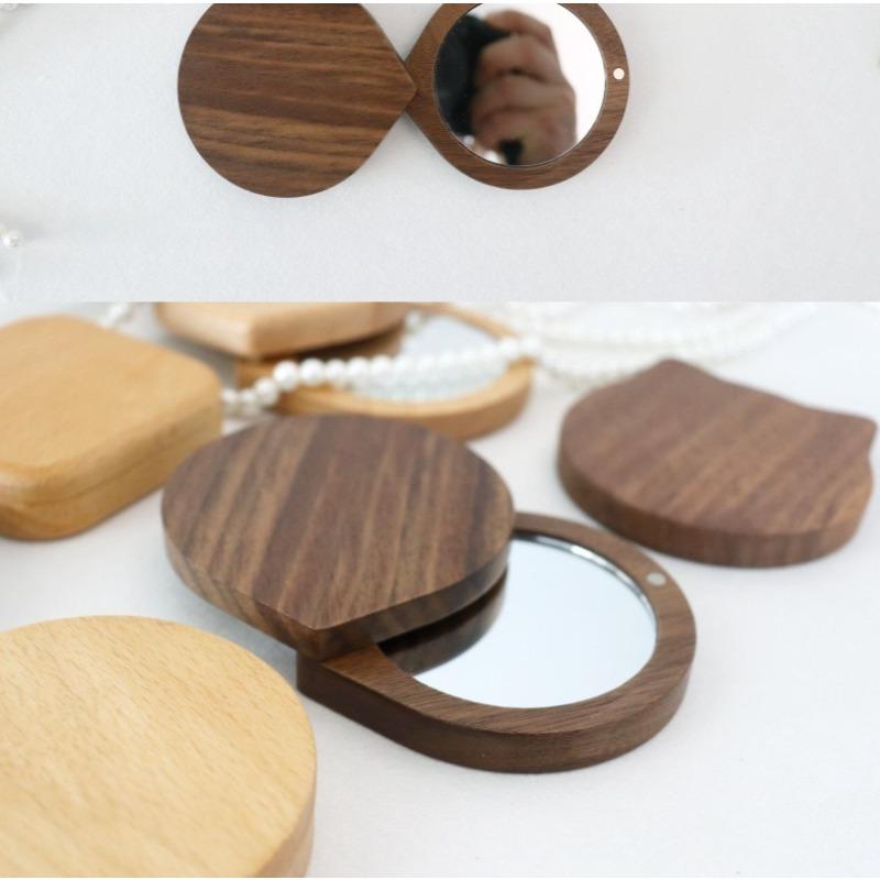 Mini Black Walnut Wood Makeup Mirror Foldable Rotatable Rotating Cosmetic Mirror Magnetic Closure Handheld Compact Pocket Mirror