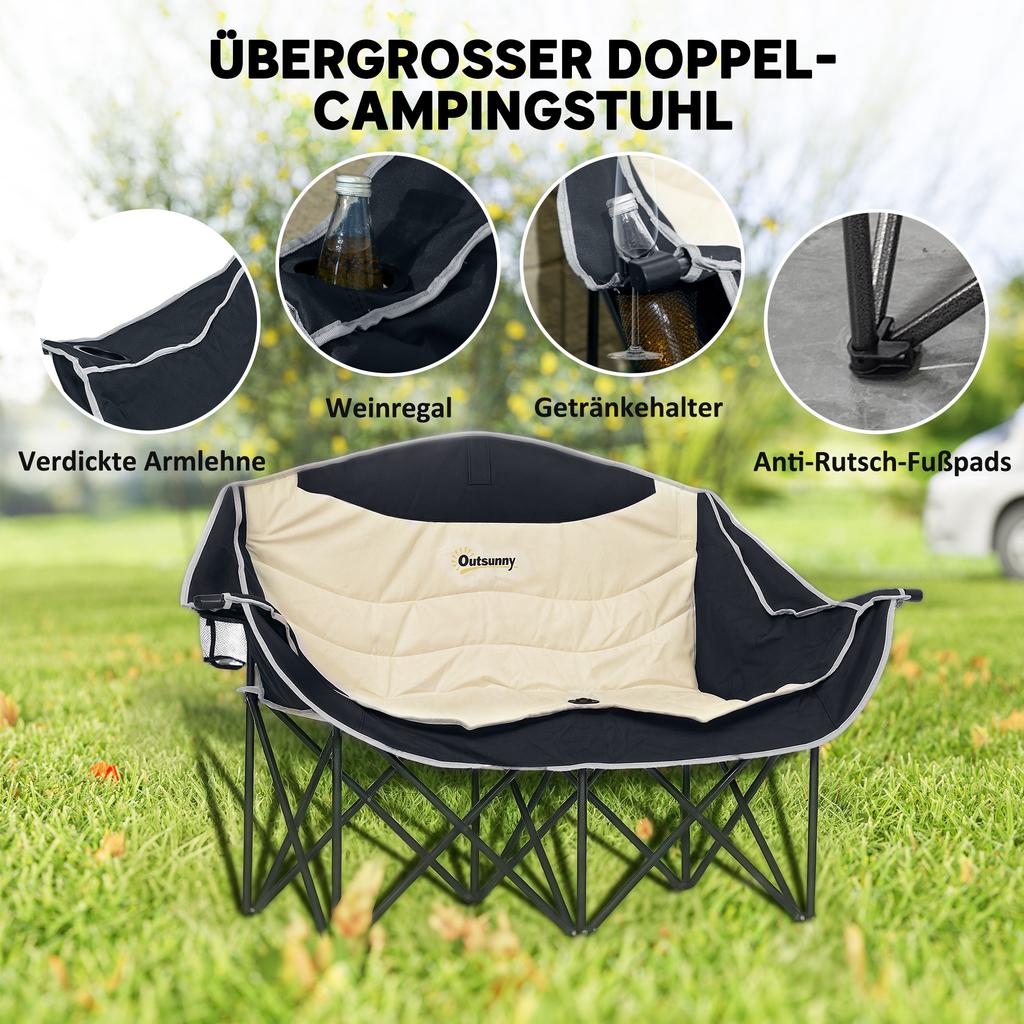 Folding Chair Foldable 2-Seater Camping Chair with Drink Holder Carry Bag Up To 250kg Load Capacity Khaki