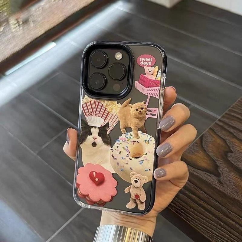 Cute Donut Cat Apple 15promax Mobile Phone Case iPhone14 Two-color 13 Transparent Black Edge 12 Female 11