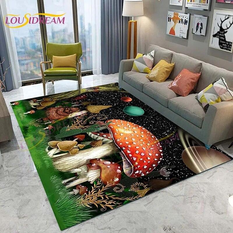 3D Starry Botanical Sun Moonlit Mushroom Rug Floral Hippie Moon Phase Carpet for Aesthetic Bedroom Living Room Vintage Game Mat