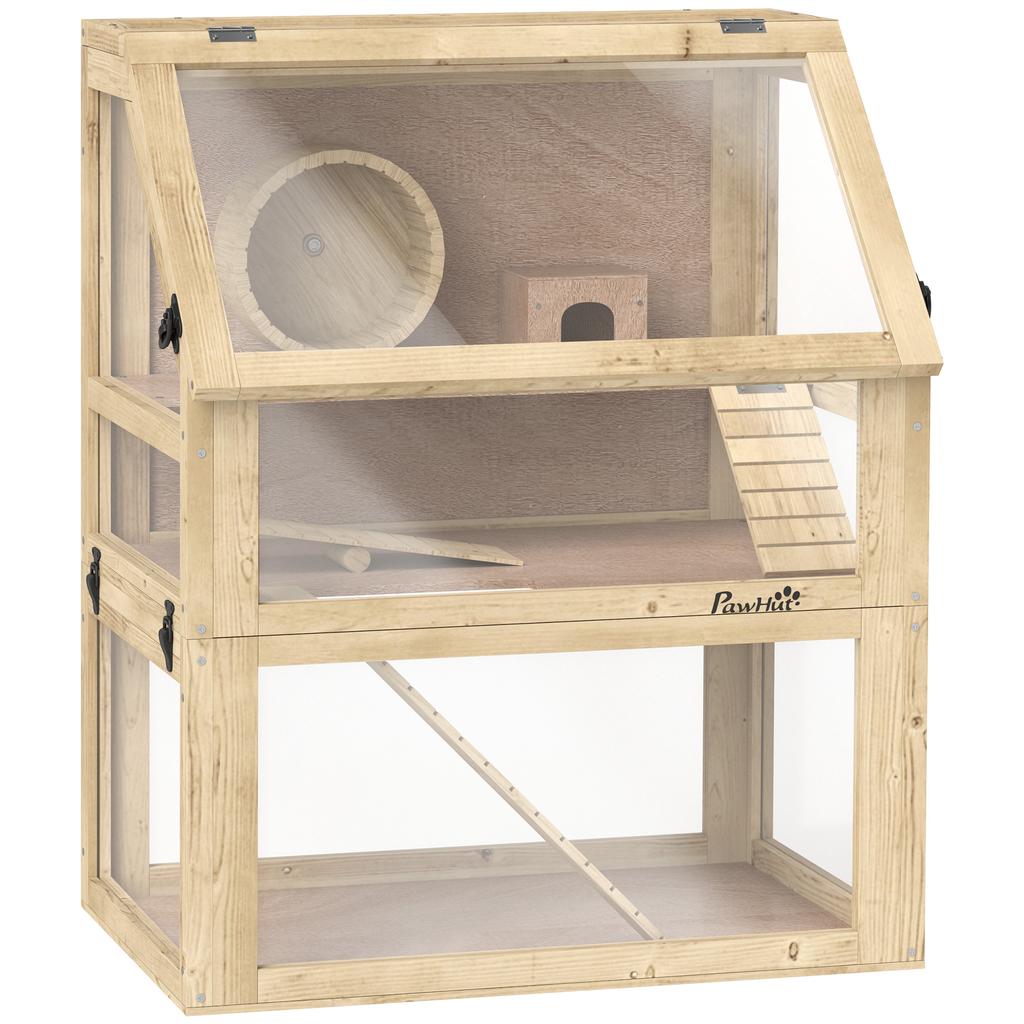 Hamster Cage, 3-Level, Removable Base, Hideaway, Swing, 60 x 40 x 75 cm, Natural Wood Finish