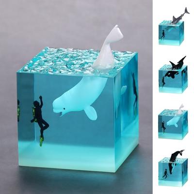 Sea Animal Cube Figurine Glow-in-the-dark Whale Shark Resin Statue Sculpture Home Office Desktop Bookshelf Decoration Ornament Festival