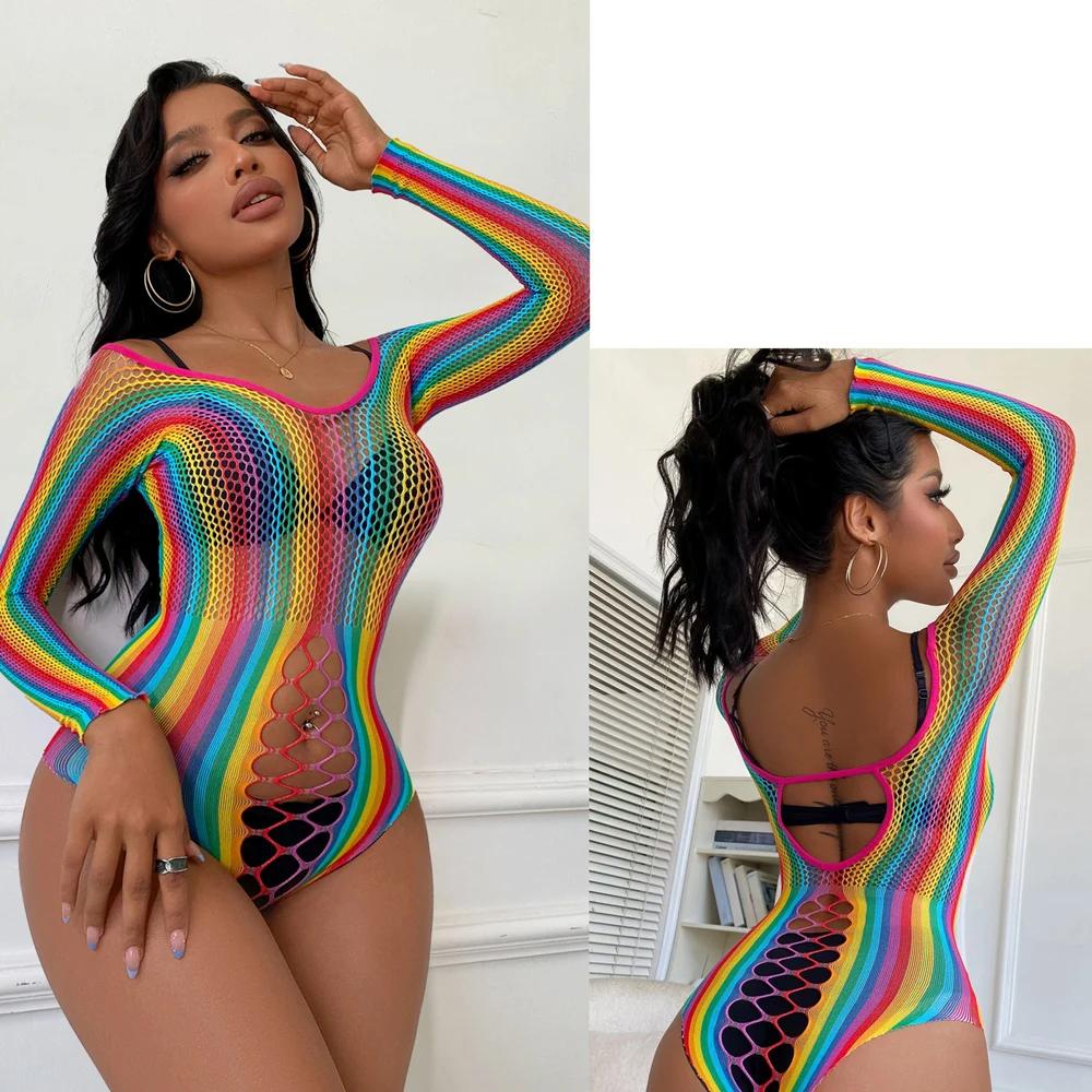 Sexy Rainbow Bodysuits Costume Erotic Fishnet Transparent Seductive Underwear Ladies Mesh Hollow See Through Bodycon Clothes