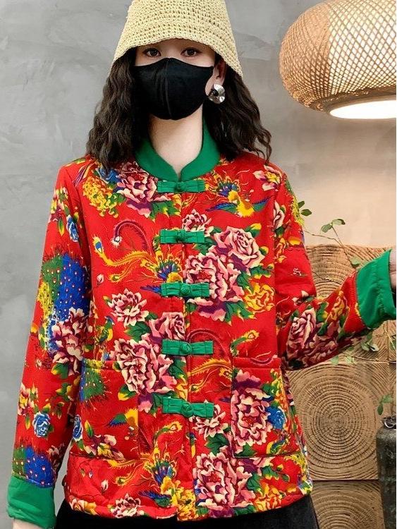 Northeast Floral Cotton Jacket: Women's Ethnic Winter Outerwear with Velvet Lining & Chinese Frog Buttons.