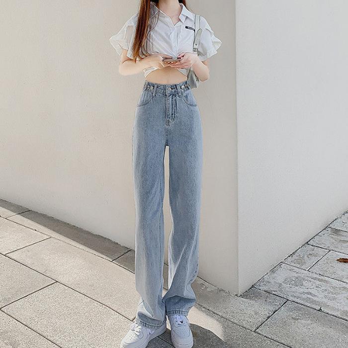 

Джинсы с высокой талией, регулируемые, широкие штанины, для женщин, на весну и осень, новые универсальные высокие прямые свободные черные брюки XXL