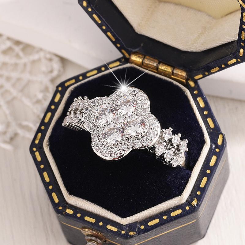 

Classic 18k White Gold Plated Diamond Ring For Women S925 Silver Plated Engagement Wedding Four-Leaf Fine Jewelry 10