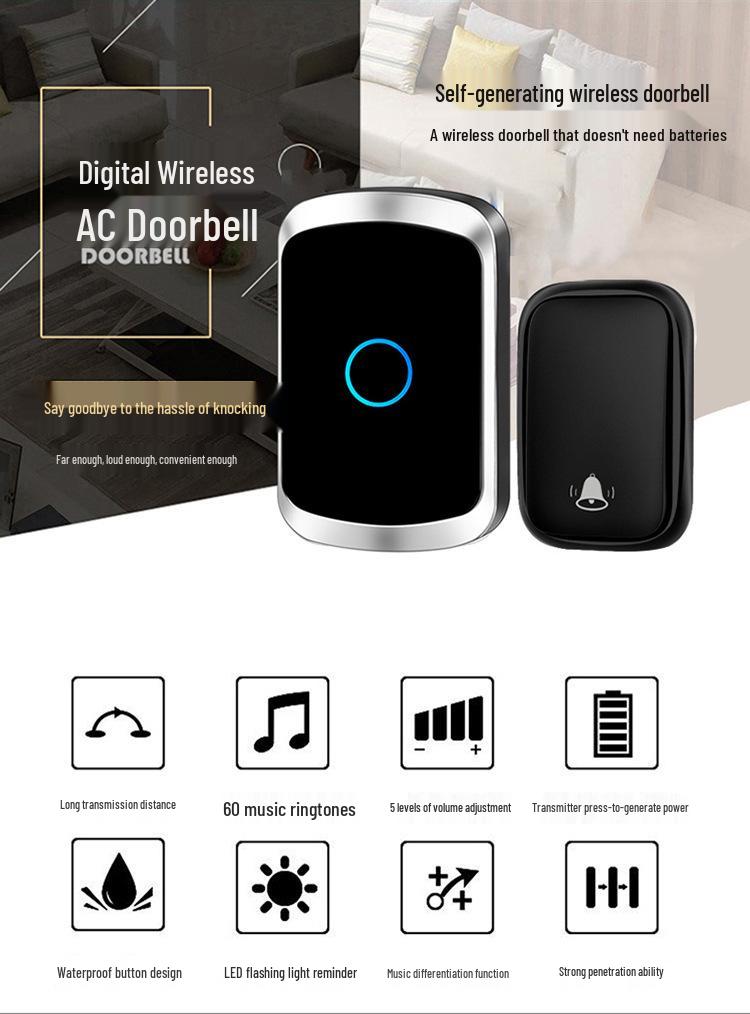 Wireless Waterproof Self-Powered Smart Doorbell - Battery-Free Long-Range Remote Control for Home