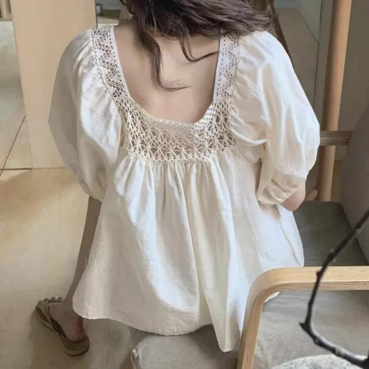 Women's Square Neck Shirt Summer Loose Bubble Sleeve Short Sleeved Top Shirt