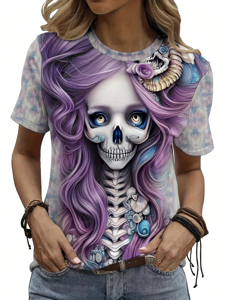Gothic Skull Rose Print Women T Shirt Pink Floral Spider Web Casual Short Sleeve O-neck Dark Aesthetic Summer Tops