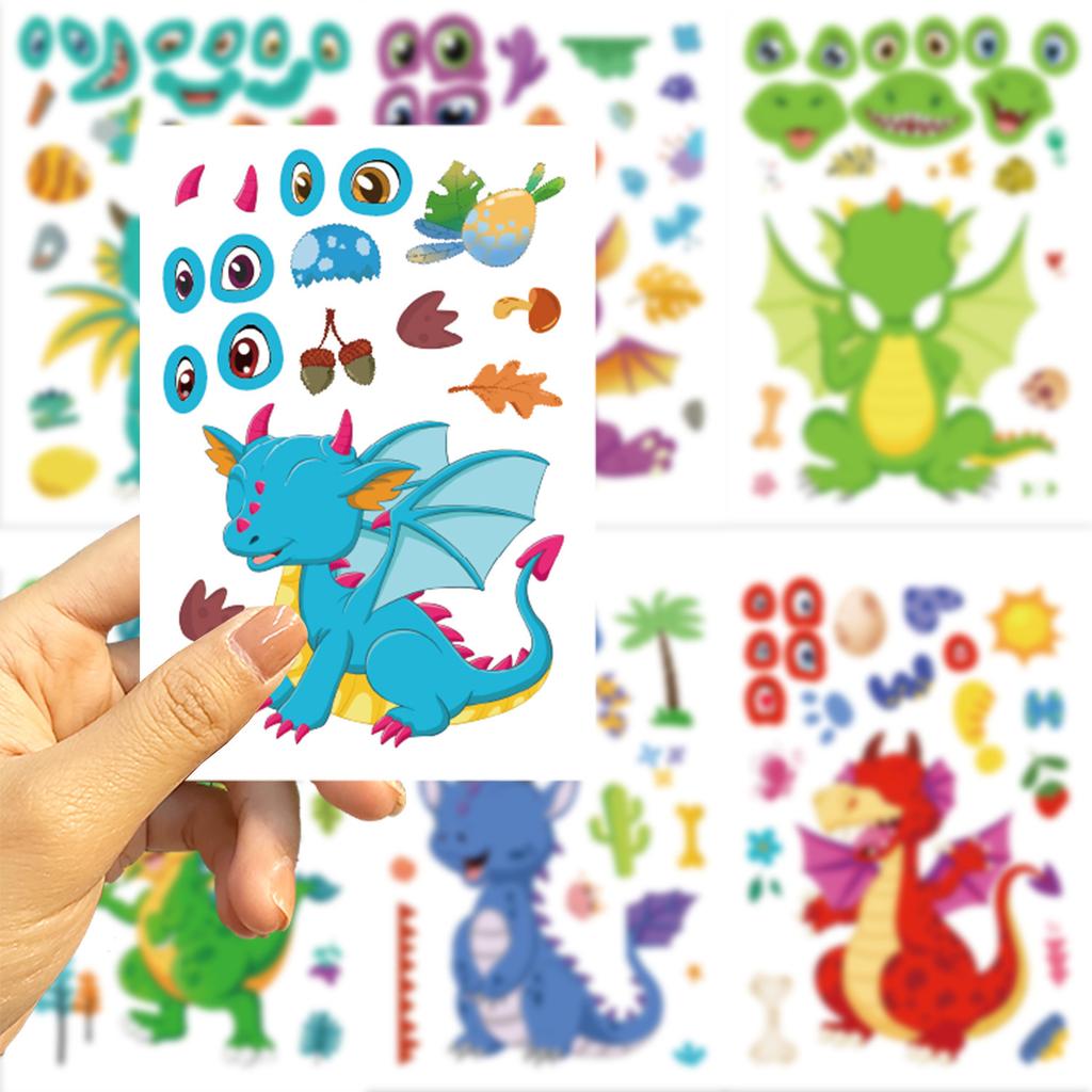 Non-Toxic 8 Sheets Dinosaur Series Stickers Cartoon Fun Puzzle Diy Face Changing Entertainment Parent Interactive Early Education Stickers