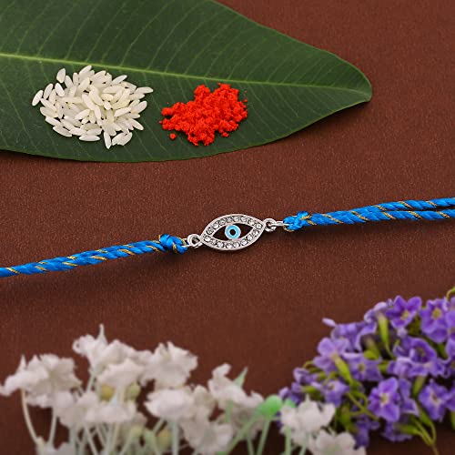 Estele Rhodium Plated Auspicious Evil Eye Rakhi with Austrian Crystals and Fancy Silk Thread