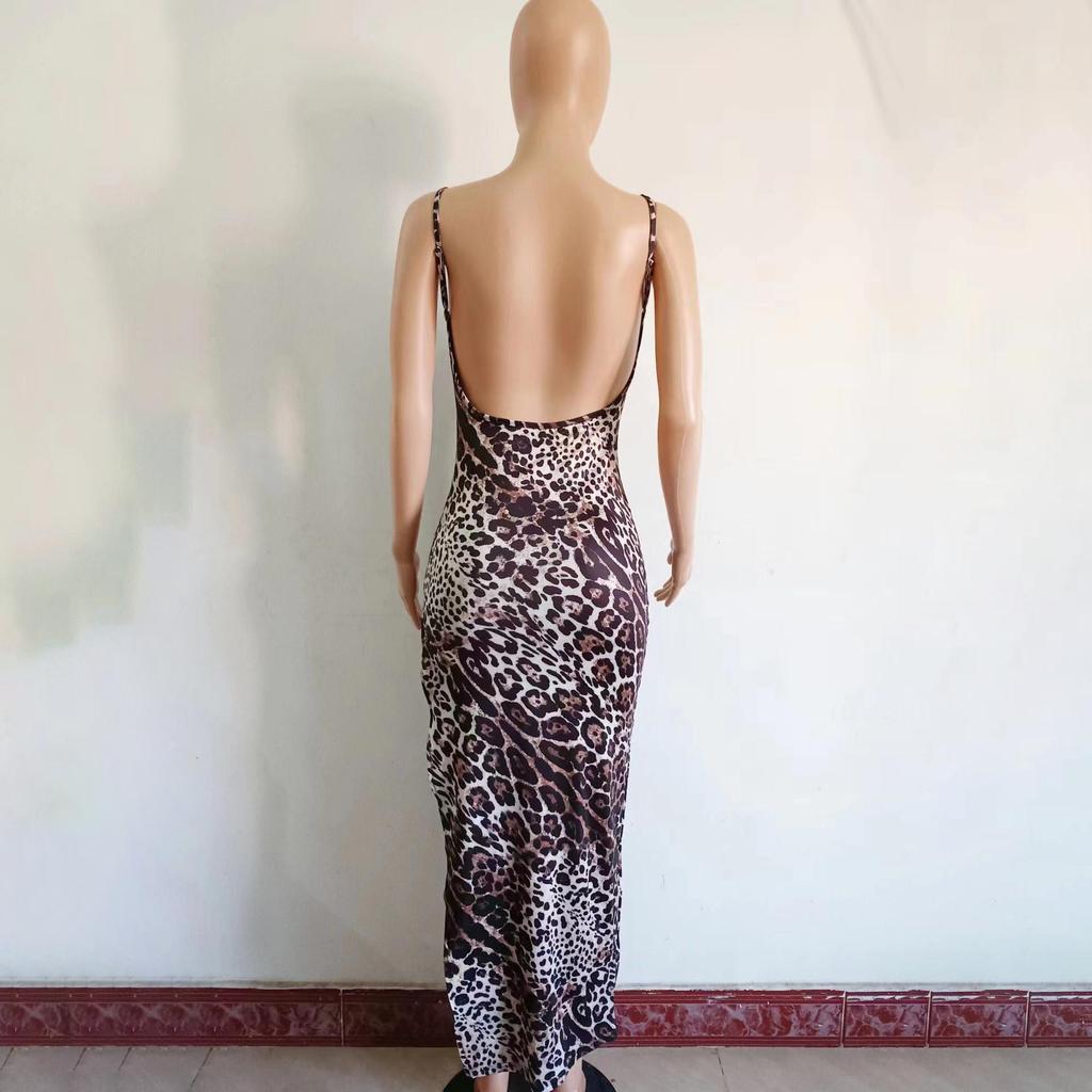 Sukienka damska wiosenna bez rękawów z nadrukiem w panterkę bez ramiączek na ramiączkach, letnia, swobodna, dopasowana, do kostek, z odkrytymi plecami, z wysokim stanem i rozcięciem, ołówkowa, S-XL