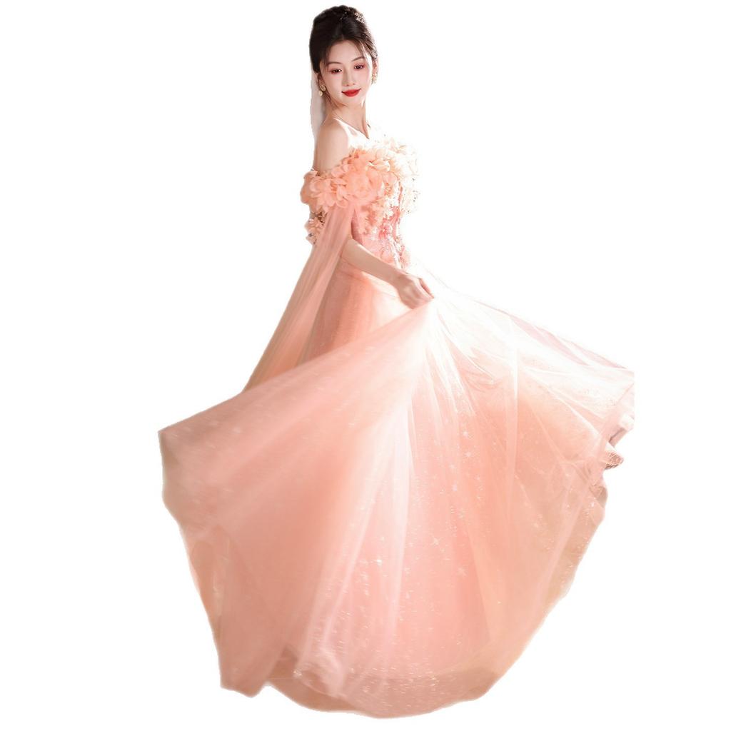 Pink evening dress high-end light luxury niche engagement dress female thin birthday party host temperament dress