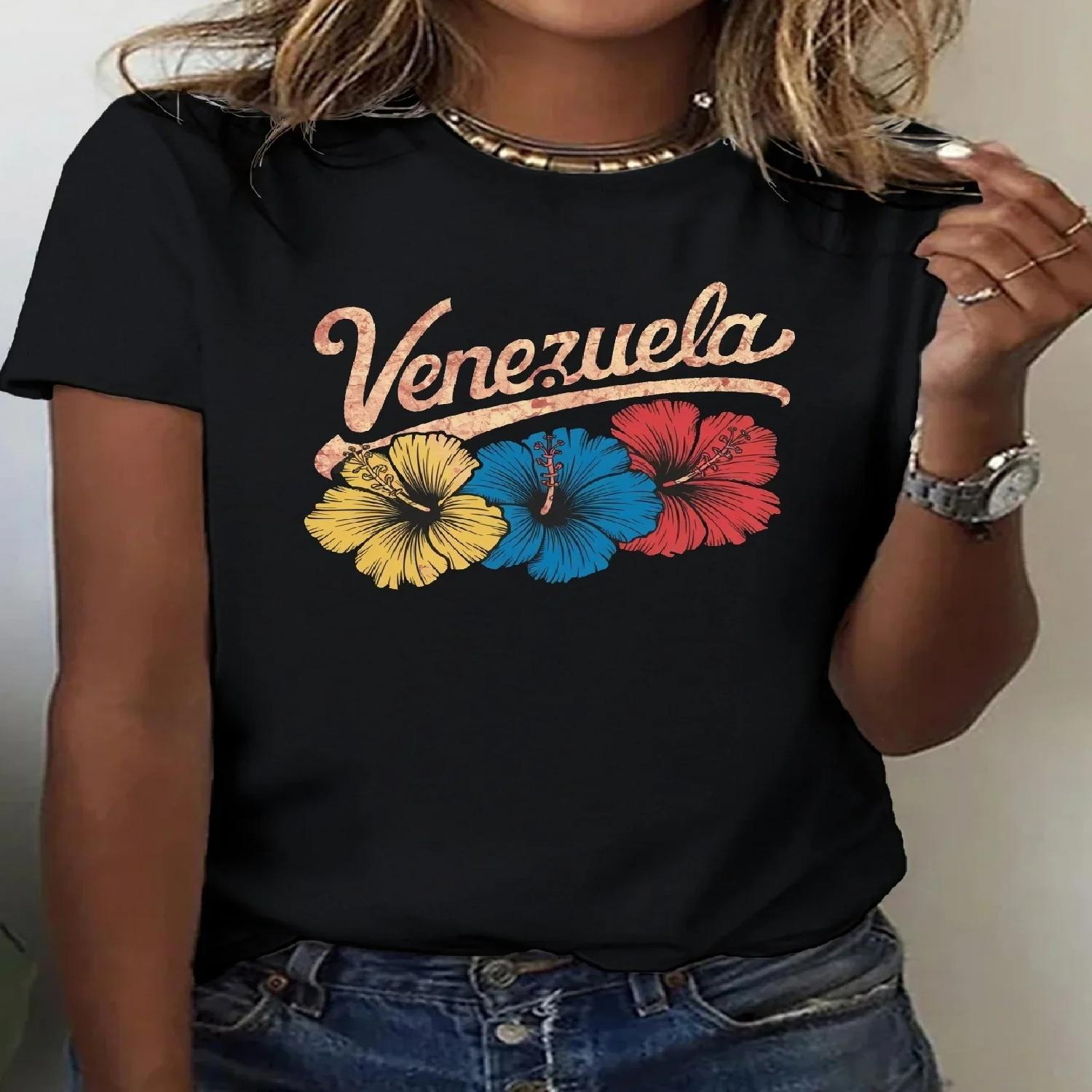 

Круглый вырез Рукав Белый Цветной Цветочный Принт Всесезонная Одежда Женская Венесуэла Гибискус Винтажный Графический Удобный Повседневный S разноцветный