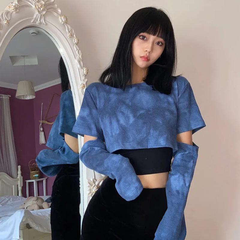 Jarní a podzimní nové batikované dvoudílné topy Dámské krátké tričko s výřezy na rukávech Streetwearový cool styl Ležérní košile