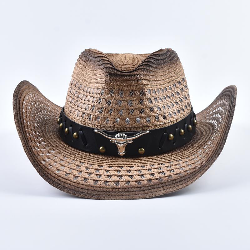 

Straw Western Cowboy Hat for Women Men Summer Hollow Out Beach Sun Hats Can Be Adjusted хаки