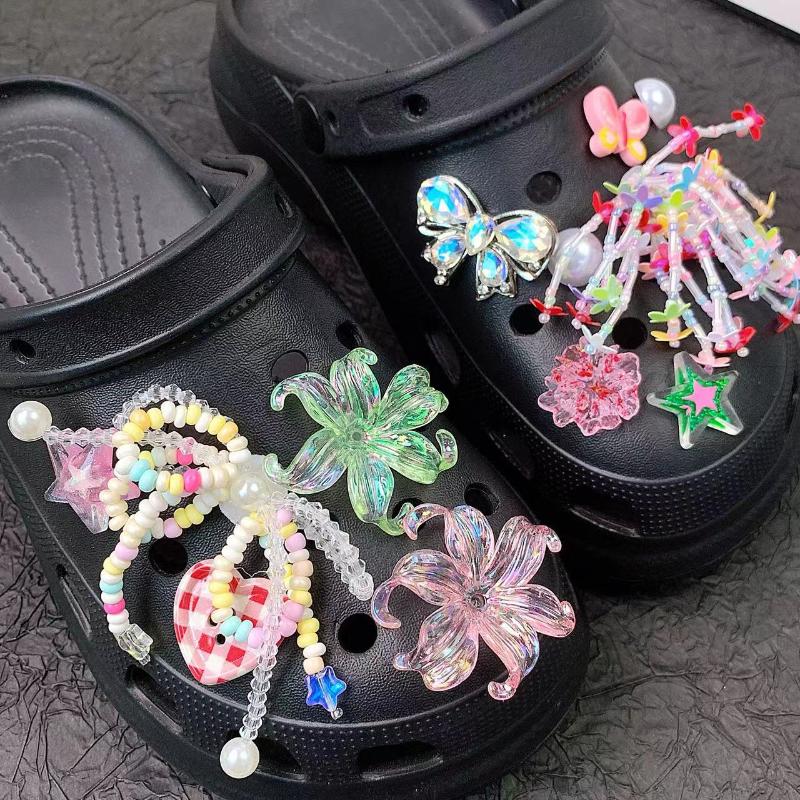 12Pcs Detachable Shoe Flower Shoe Charms Diy Colorful Butterfly Seaweed Bead Chain Shoe Buckle Hole Accessories For Girls