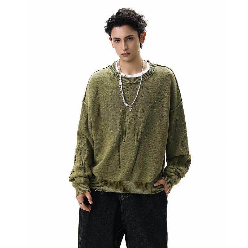 

Acrardic Distressed Vintage Style Reverse-Wear Design Crew Neck Sweater for Men, American Style Lazy Vintage Knitwear Jacket Green X L