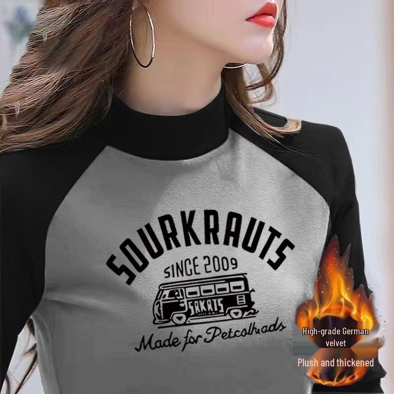 

Women s Slimming Long Sleeve T-Shirt: Stand-Up Collar, Velvet Raglan, Color Block Design 2XL 130-145 lbs