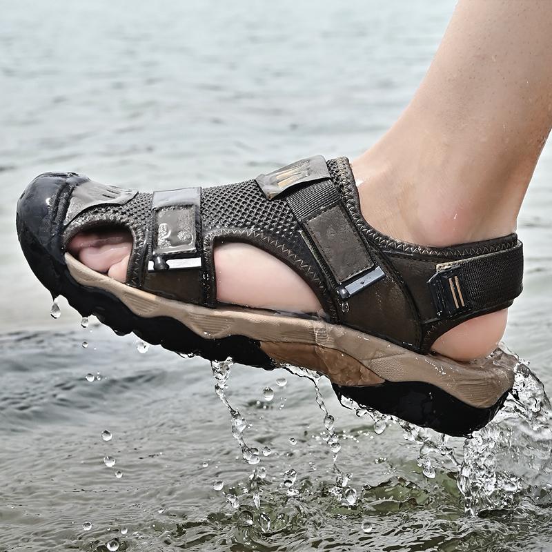 Herren Sportsandalen Outdoor Wandersandalen Geschlossene Zehenpartie Echtes Leder Wandersandalen Rutschfeste Wasserstrandschuhe Für Männer Hausschuhe