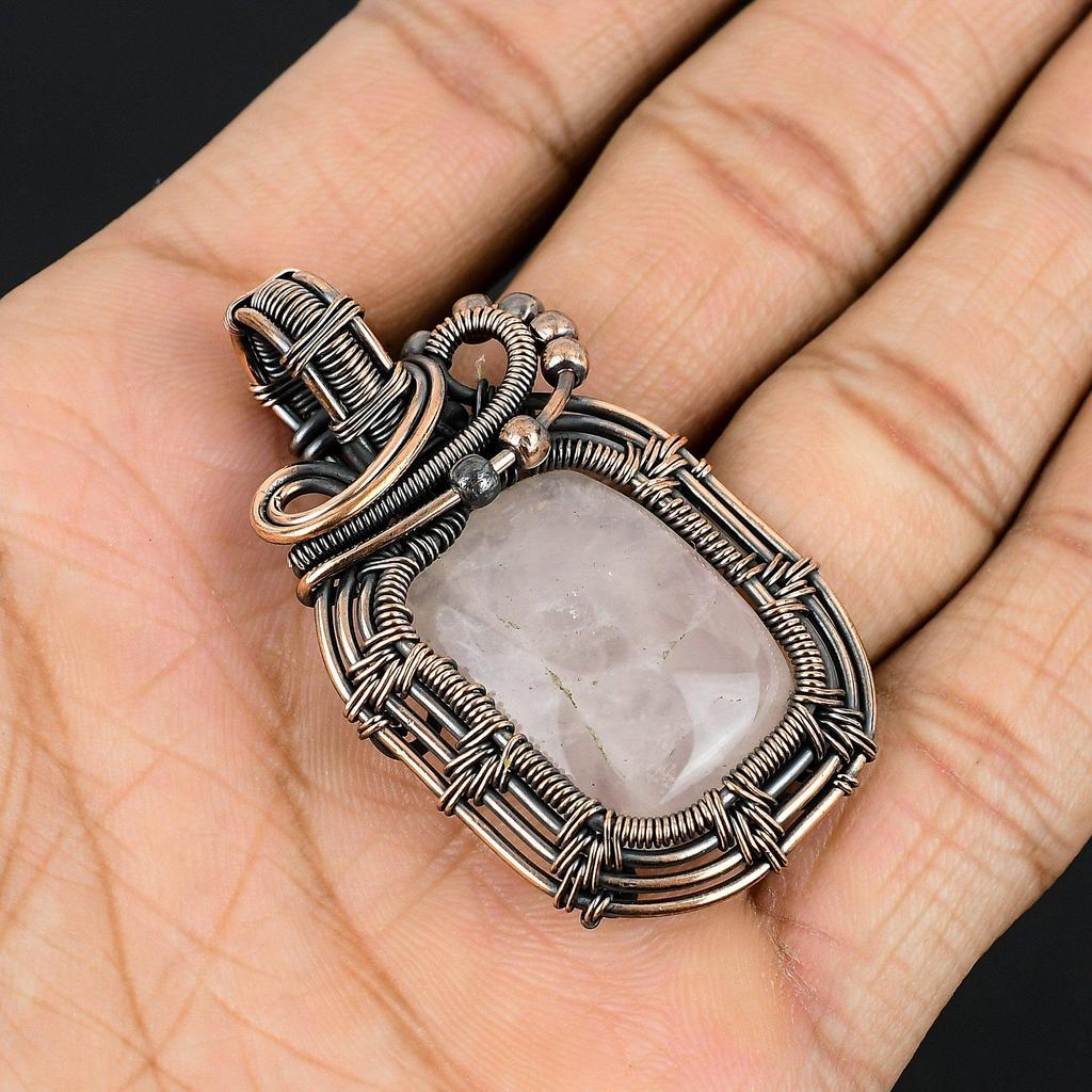 Rose Quartz Jewelry, 999 Copper Wire Wrapped Pendant Handmade Gemstone Jewelry, Gifts For Wife Brand New Pendant