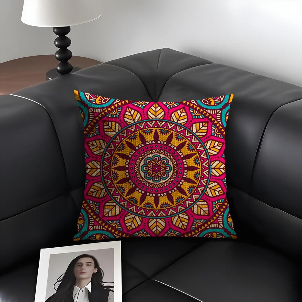 Mandala Style Decorative Cushion Cover Natural Linen Organic Fabric Double-Sided Printing Sofa Home Decor Gift Pillow Case